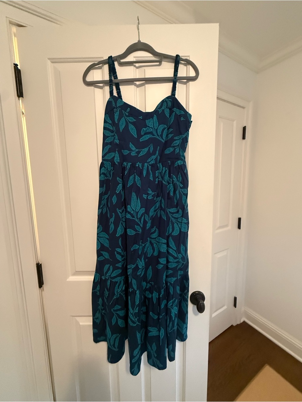 J. Crew Factory Navy Midi Dress with Teal Leaf Print